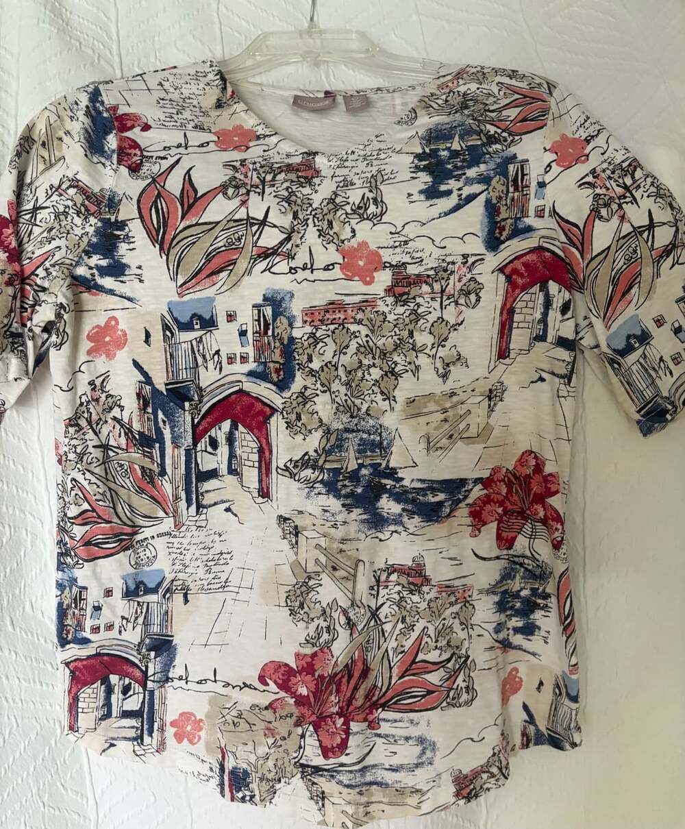 Chico's T-Shirt Size 0 Scenic Paris Floral Print Short Sleeve Top